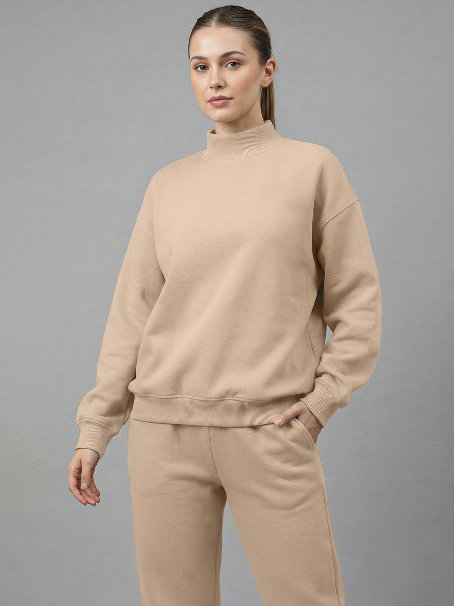 Women's Beige Oversized Sweatshirt with Mock Neck and Full Sleeves