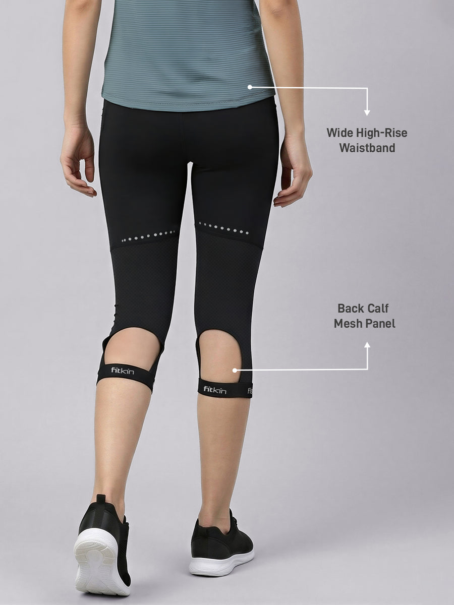 Fitkin Women’s Black High-Rise Mesh Panel Capri Tights with Reflective ...