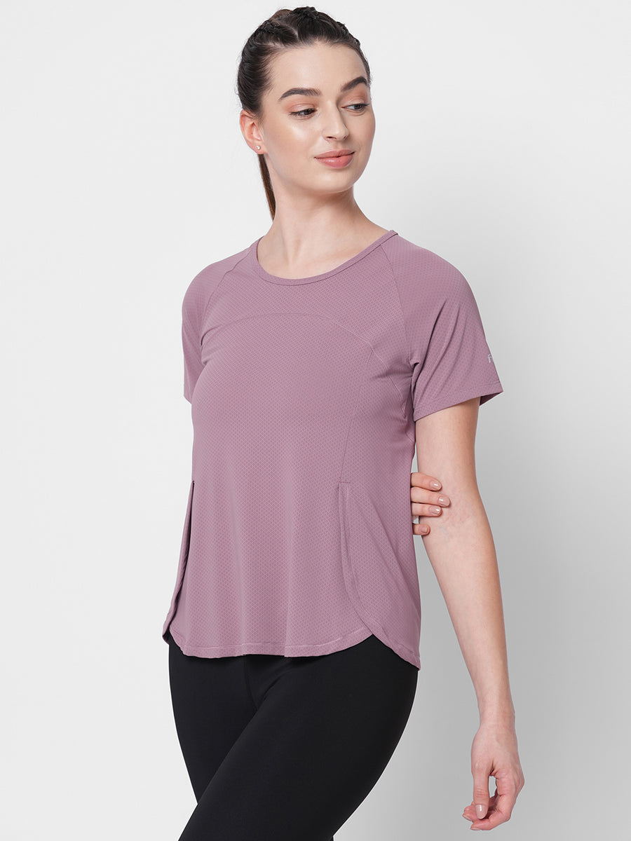 Women’s Lavender Overlap Hem Active T-Shirt with Breathable Fabric and ...