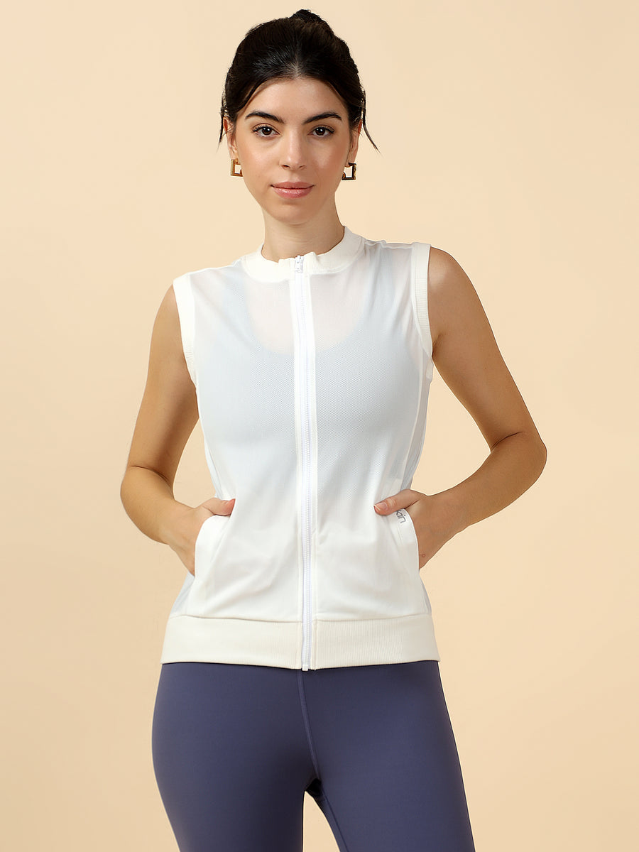 Women’s White Sleeveless Zip-Up Sports Jacket with Mesh Texture – Fitkin