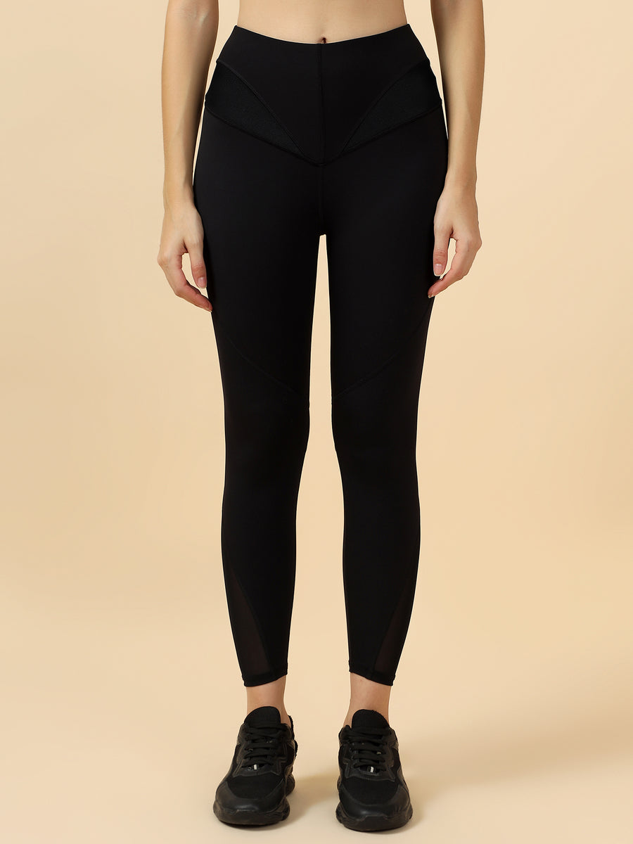 Fitkin Women Black High-Waist Tights with Mesh Waist Panels