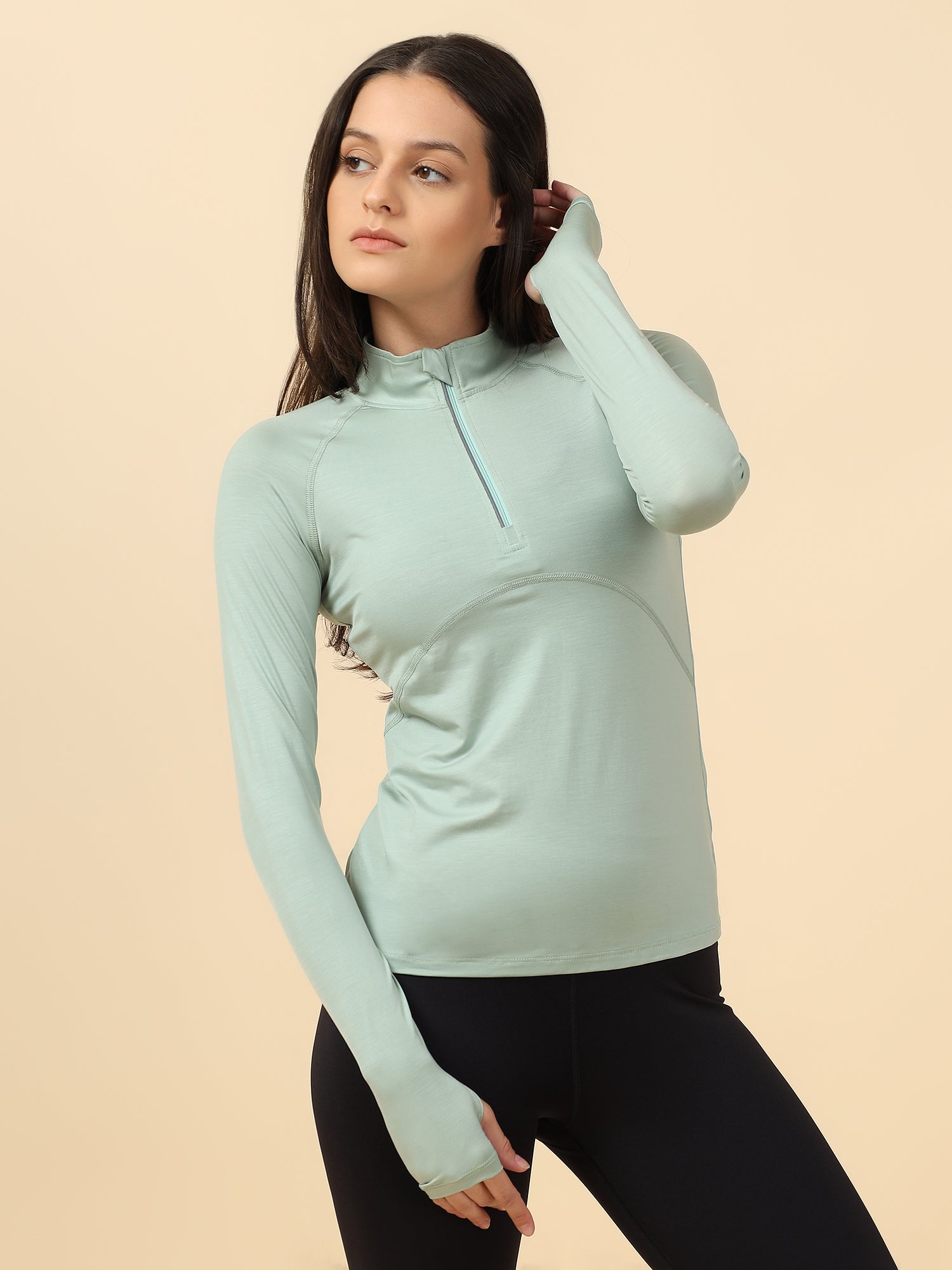 Fitkin Women's Green High Neck Training or Gym T-shirt