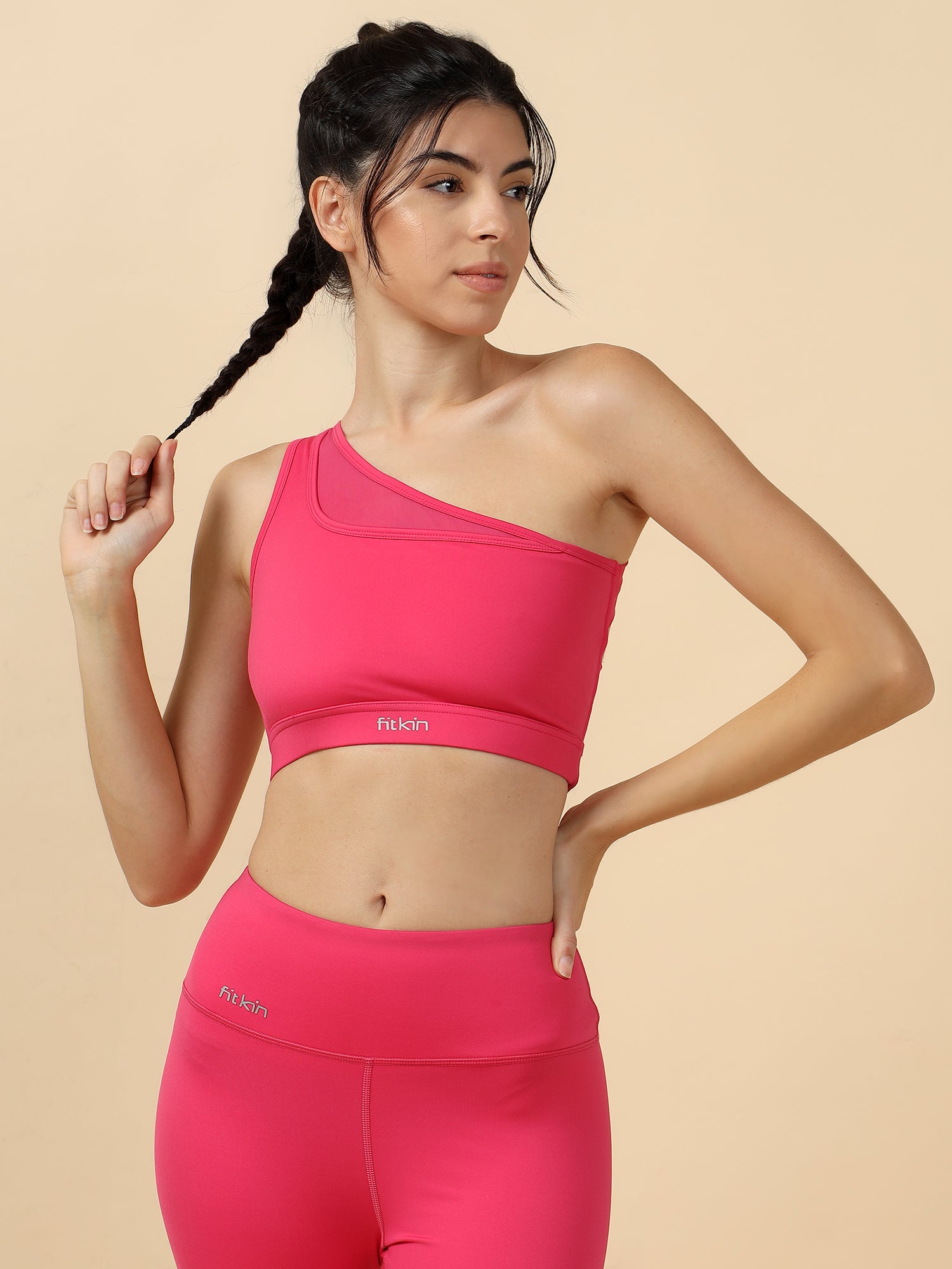 Fitkin Hot Pink One Shoulder Sports Bra With Front Mesh Detail