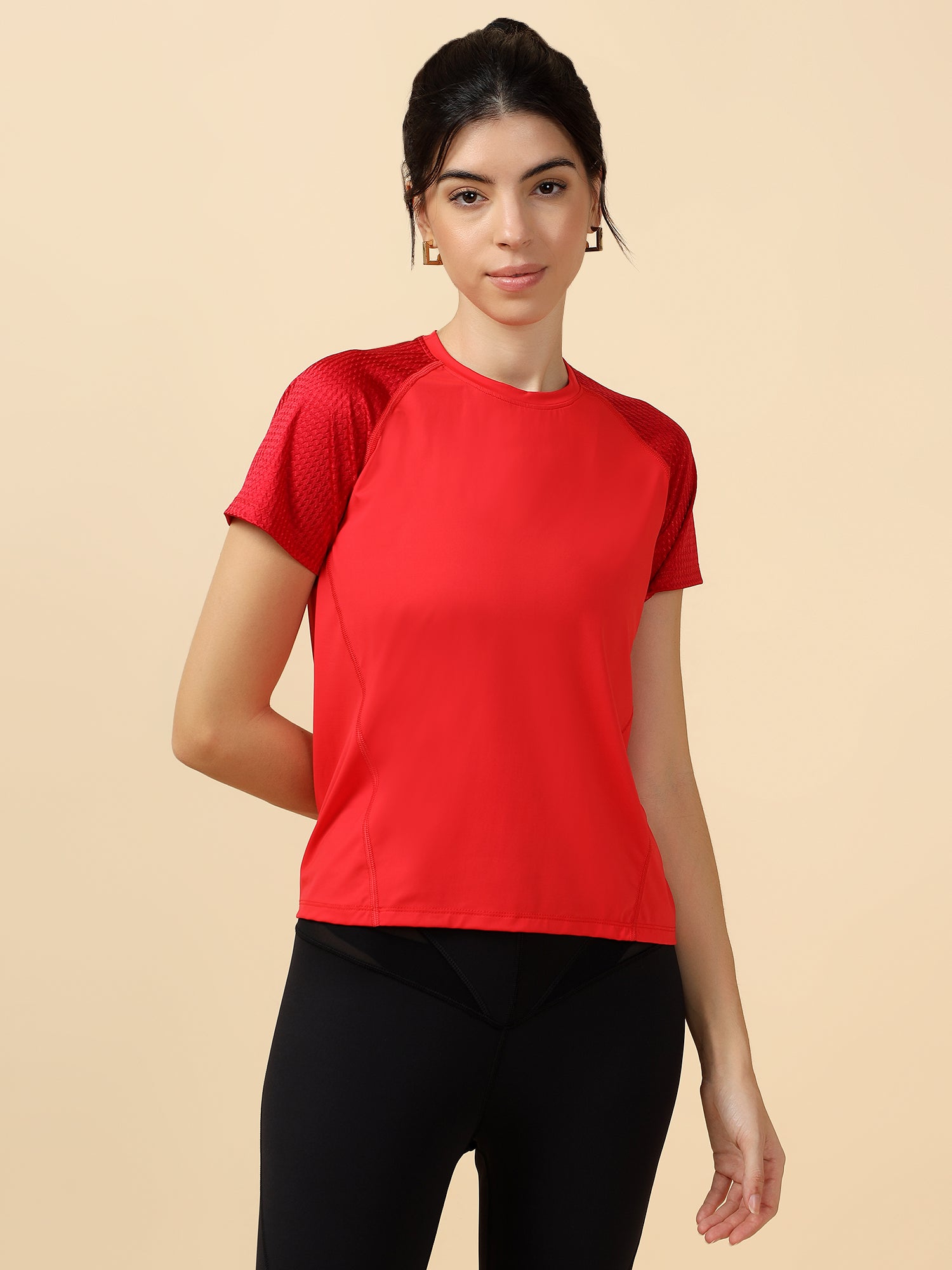Women's Red Colourblocked Slim Fit Training or Gym T-shirt – Fitkin