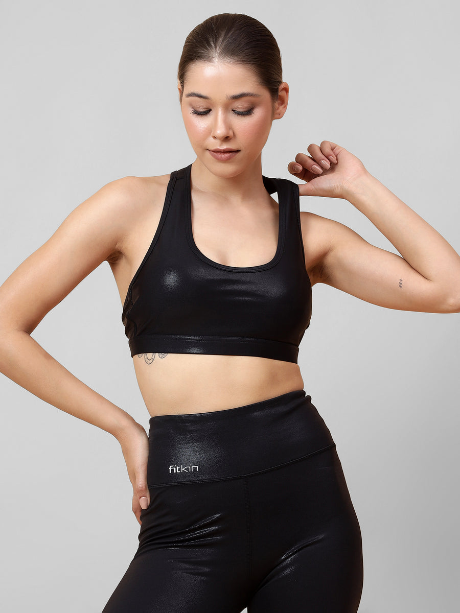 Luxe Black Shine On Back Key Hole Racer Back Sports Bra – Fitkin