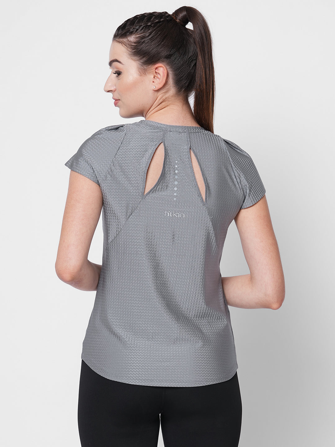 Fitkin women grey self design tshirt with back keyhole design