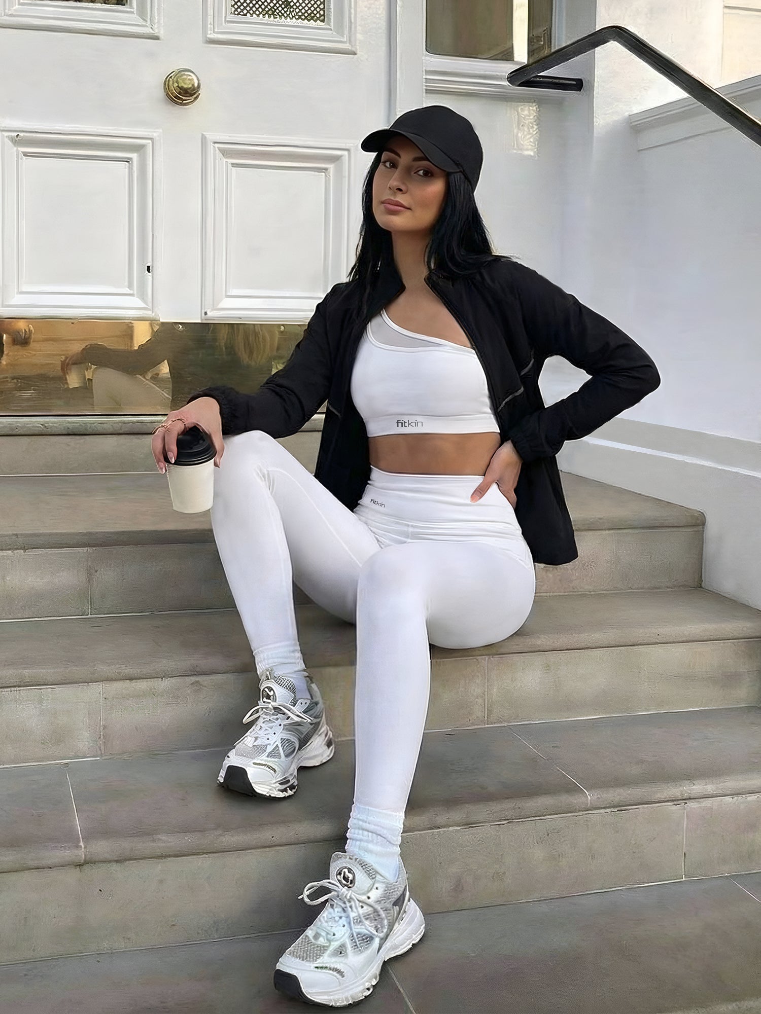 Women White One Shoulder Sports Bra & High Waist Gym Leggings