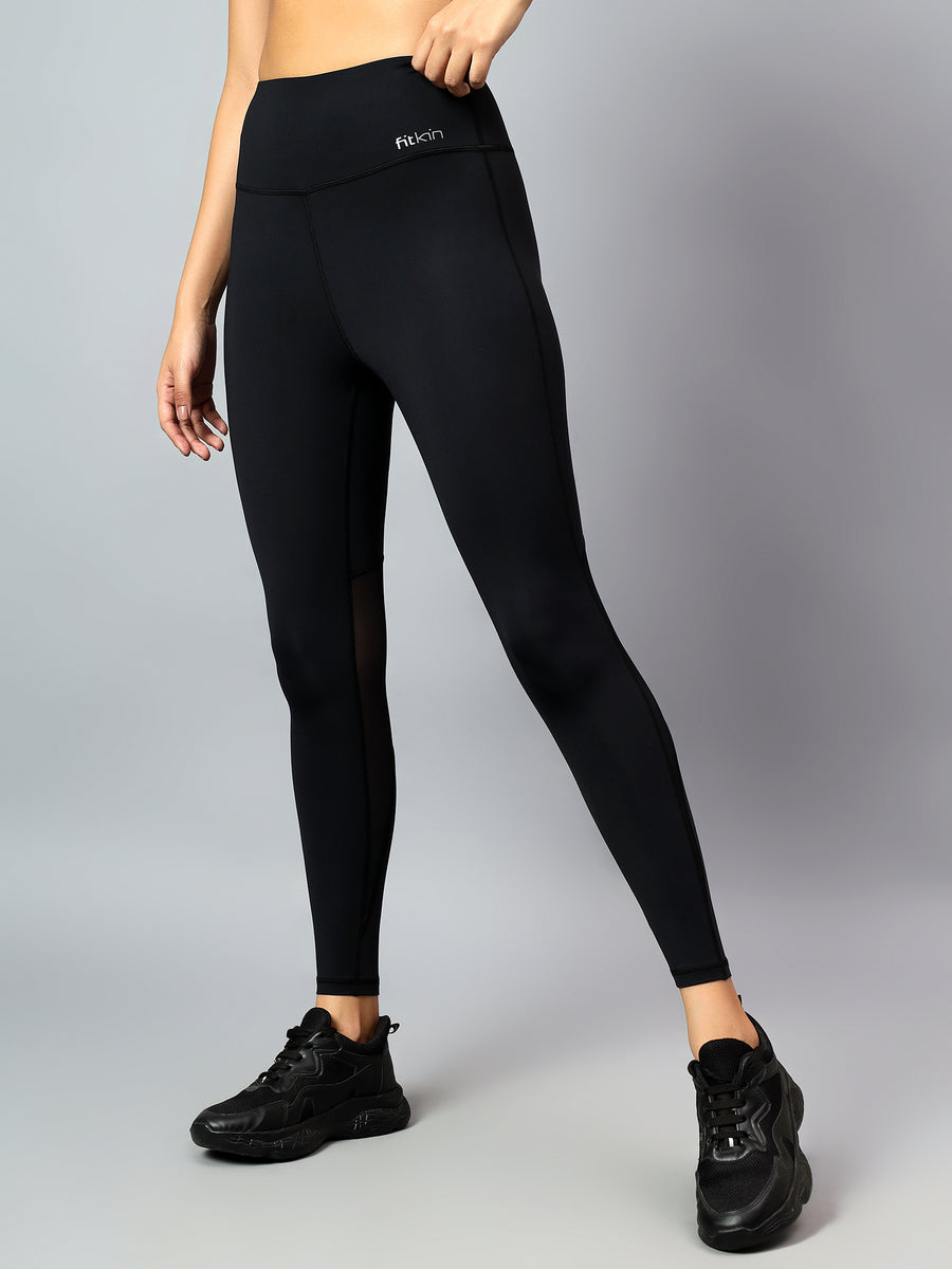Fitkin Women's Black Back Mesh Design Tights