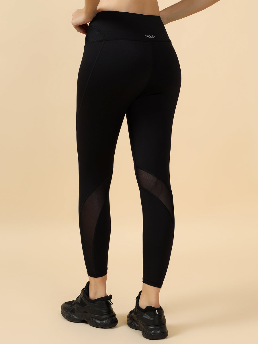 Fitkin Women Black High-Waist Tights with Mesh Waist Panels