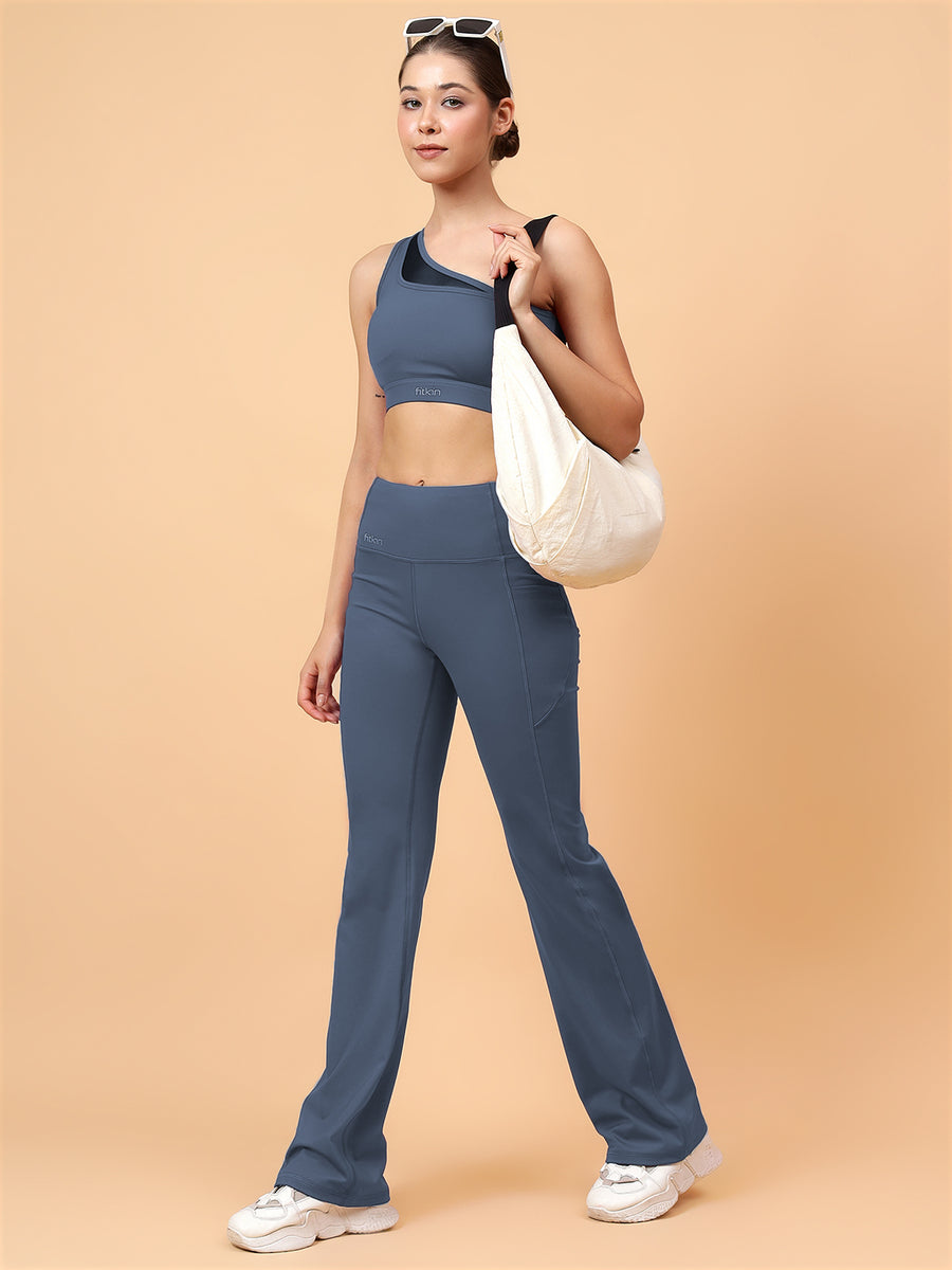 Fitkin Grey Soft High Waist Training Bootcut Track Pants