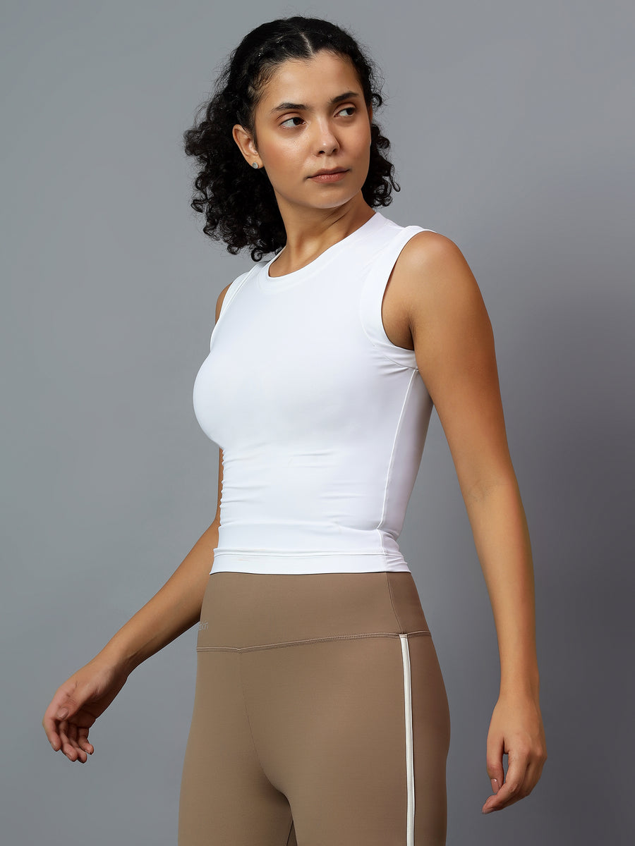 Women’s White Fitted Sleeveless Crop Tank Top for Training and Activew ...