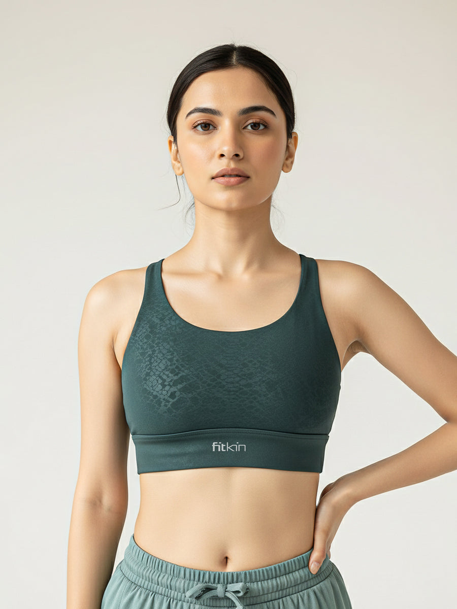 Fitkin Luxe Women’s Green Snake Skin Sports Bra for Gym, Yoga & Training