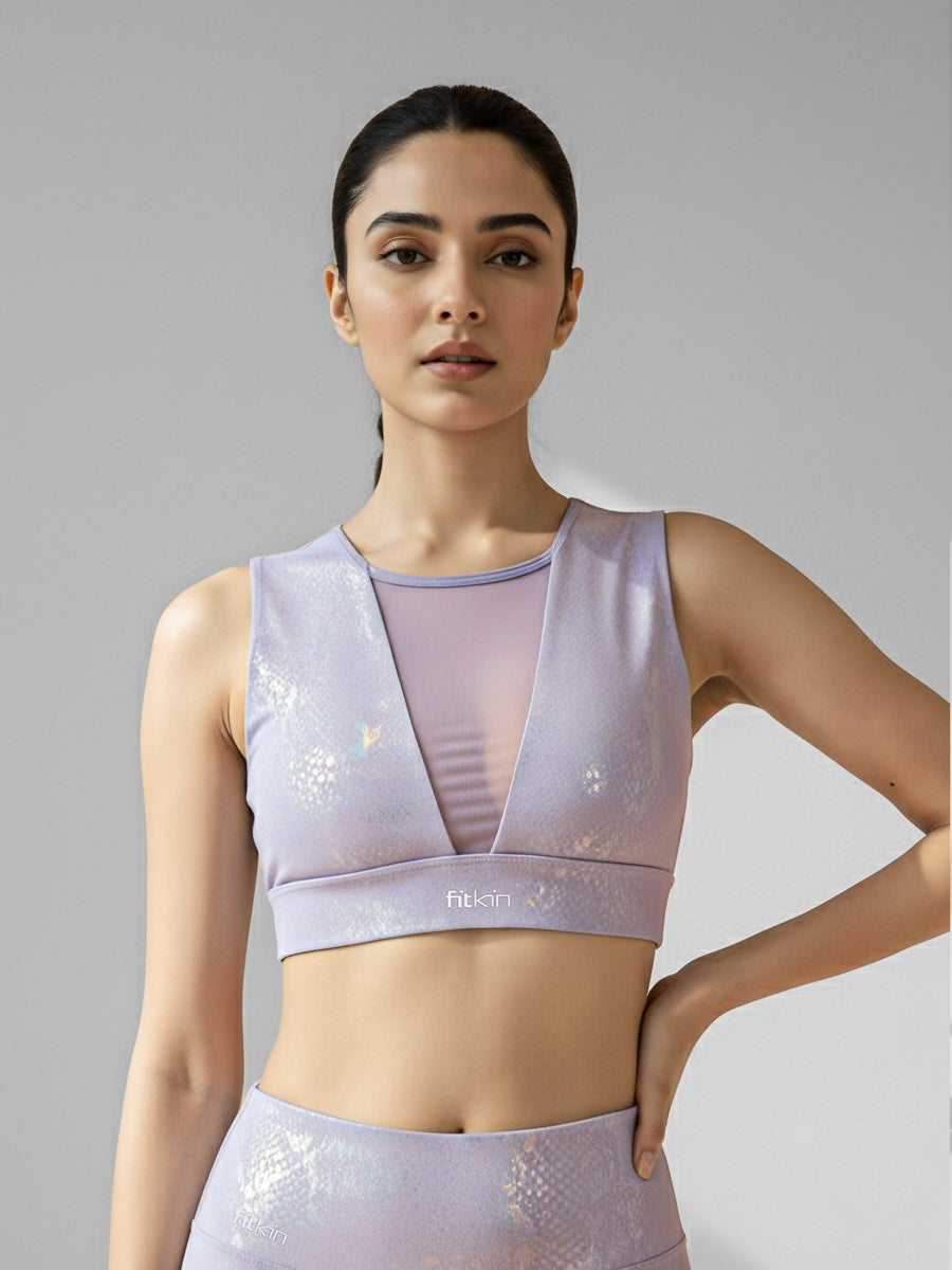 Fitkin Luxe Women’s Lavender Snake Skin Mesh Panel Sports Bra with ...