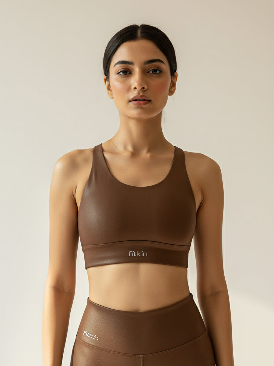 Fitkin Luxe Women’s Luxe Brown Foil Matte Sports Bra for Gym, Yoga ...