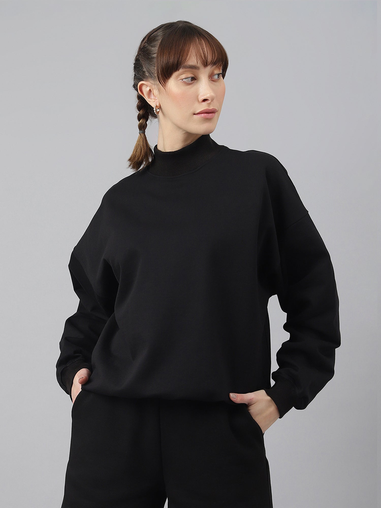 8YARDS Women’s CB MockNeck | Off Black Women's Black Oversized Sweatshirt with Mock Neck and Full Sleeves