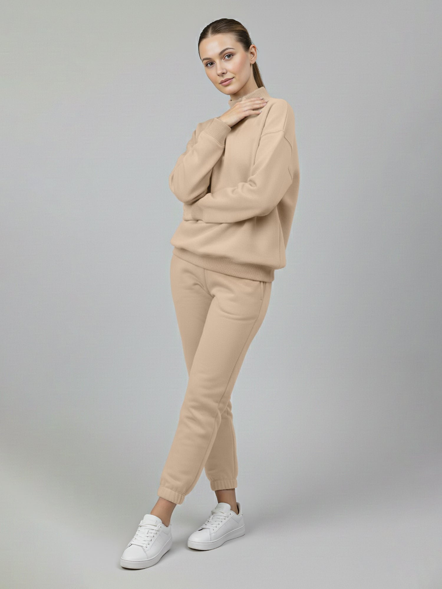 Women's Beige Oversized Sweatshirt with Mock Neck and Full Sleeves