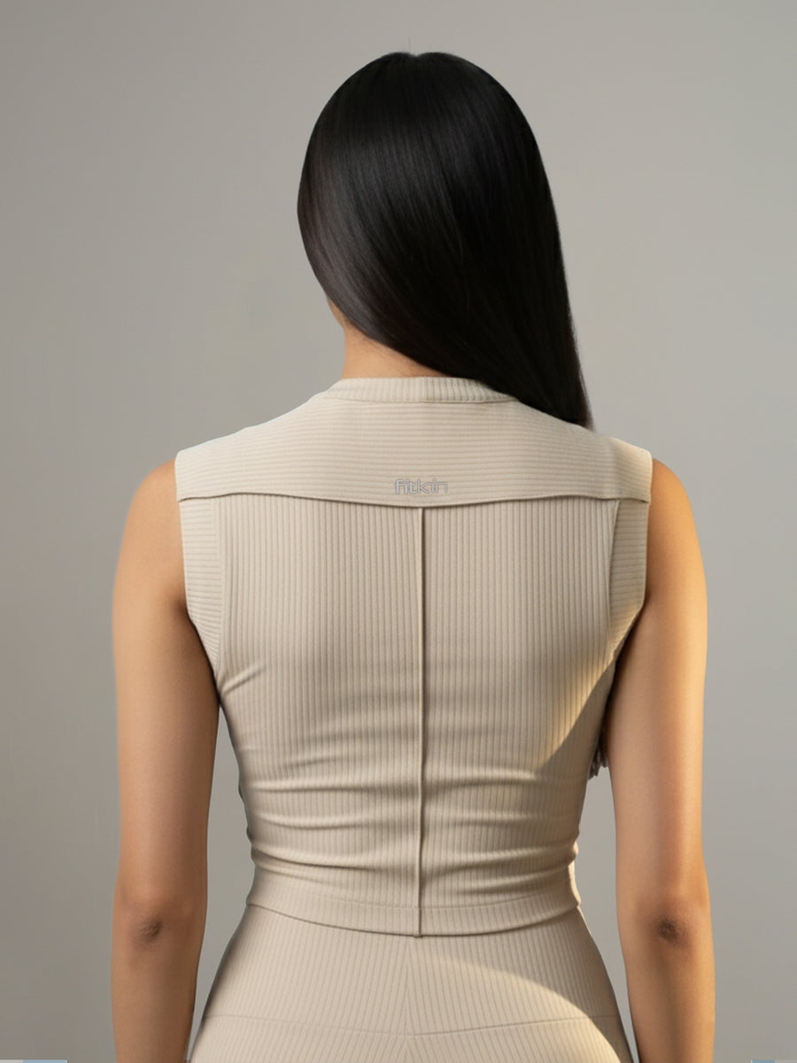 Women’s Luxe Beige Ribbed Sleeveless Crop Top with Sculpt Fit and Mini ...