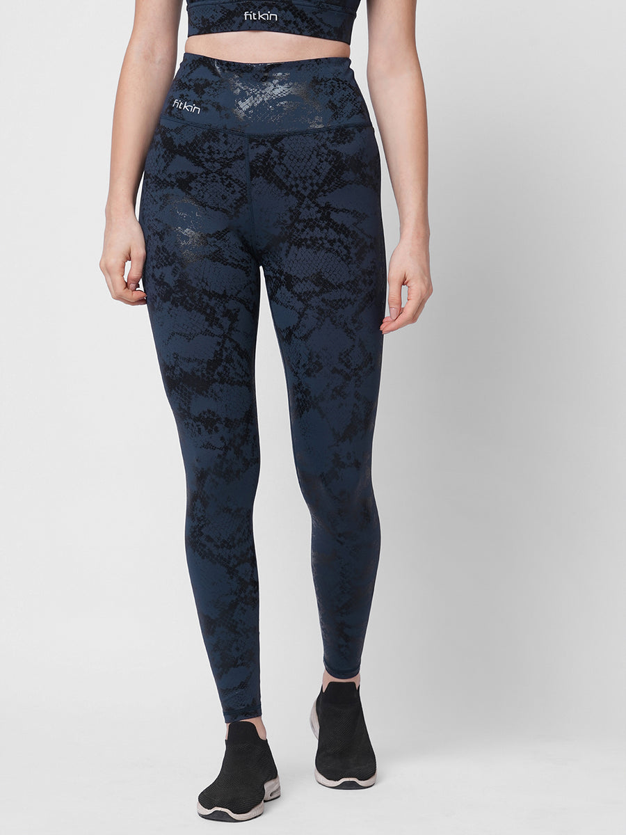 Fitkin Luxe Women’s Navy Snake Print High-Waist Performance Tights with ...