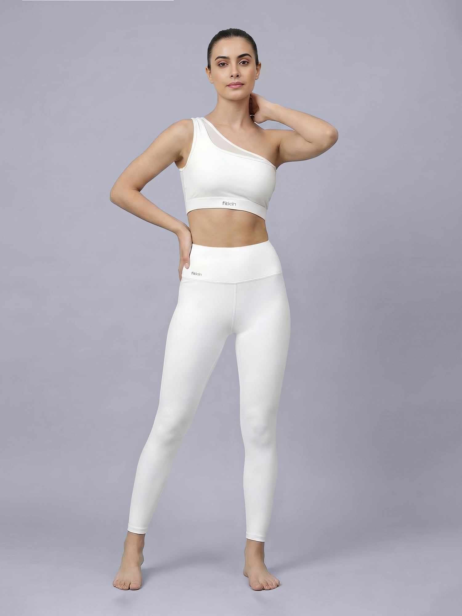 Women White One Shoulder Sports Bra & High Waist Gym Leggings