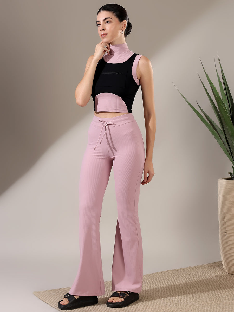 Women Luxe Pink Ribbed Co-ord Set with High Neck Crop Top, Layered Sle ...