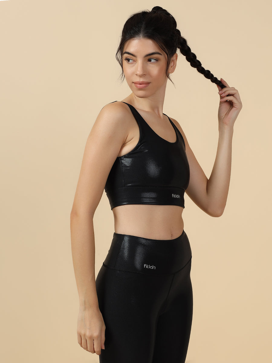 Fitkin Luxe Women’s Black Power Shine Sports Bra for Gym, Yoga & Training