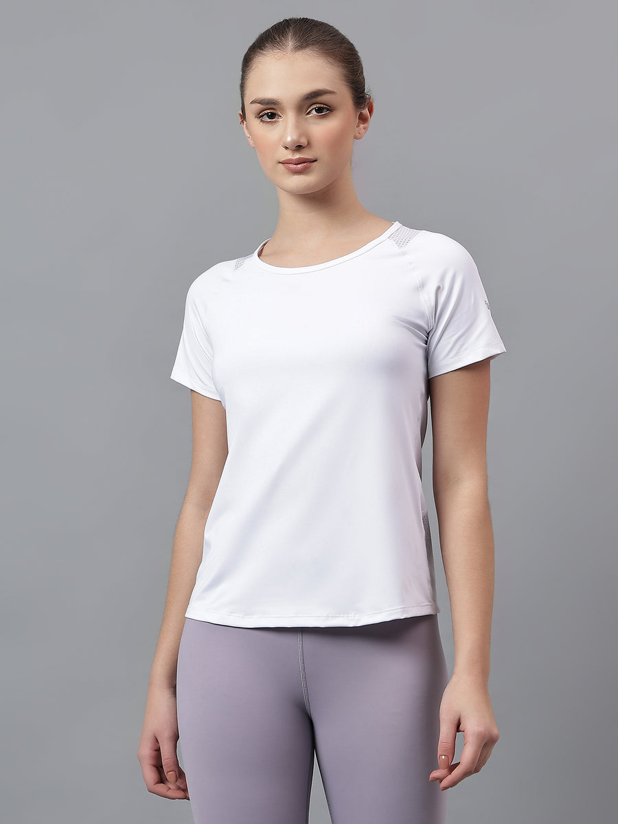 Women’s White Round Neck T-Shirt with Breathable Back Mesh Panel Detai ...