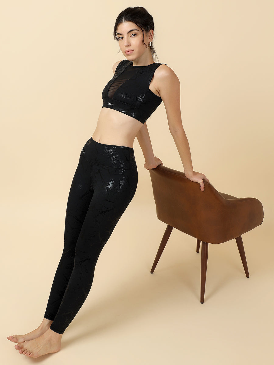 Fitkin Luxe Women Black Dark Glaze Mesh Panel Co-ord Set with Sports ...