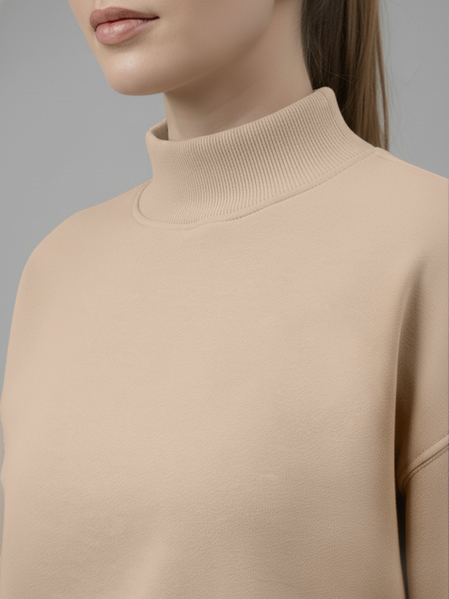 Women's Beige Oversized Sweatshirt with Mock Neck and Full Sleeves