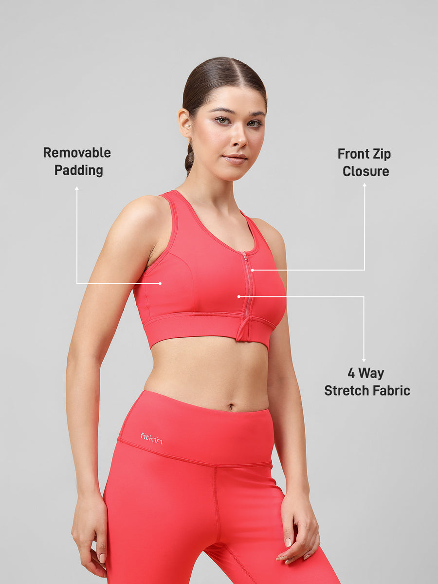 Women's Red Motion-Zip Medium Support Bra – Fitkin