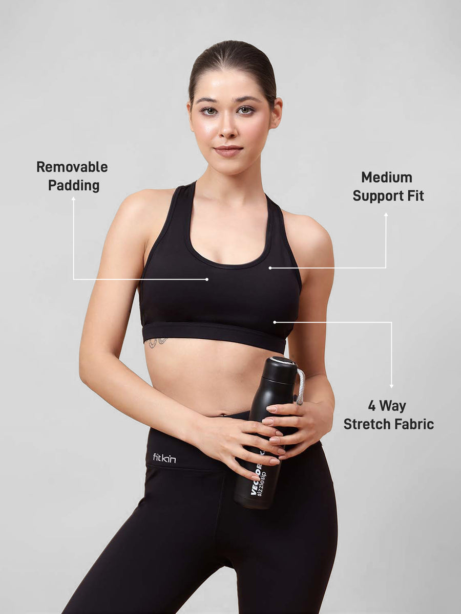Fitkin Women's Black Back Key Hole Sports Bra