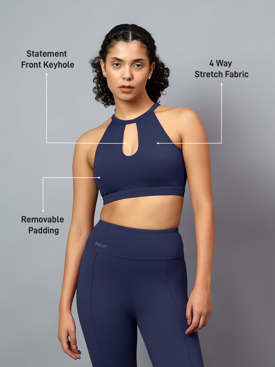 Women Navy Blue Front Keyhole Halter Style Racerback Sports Bra – Fitkin