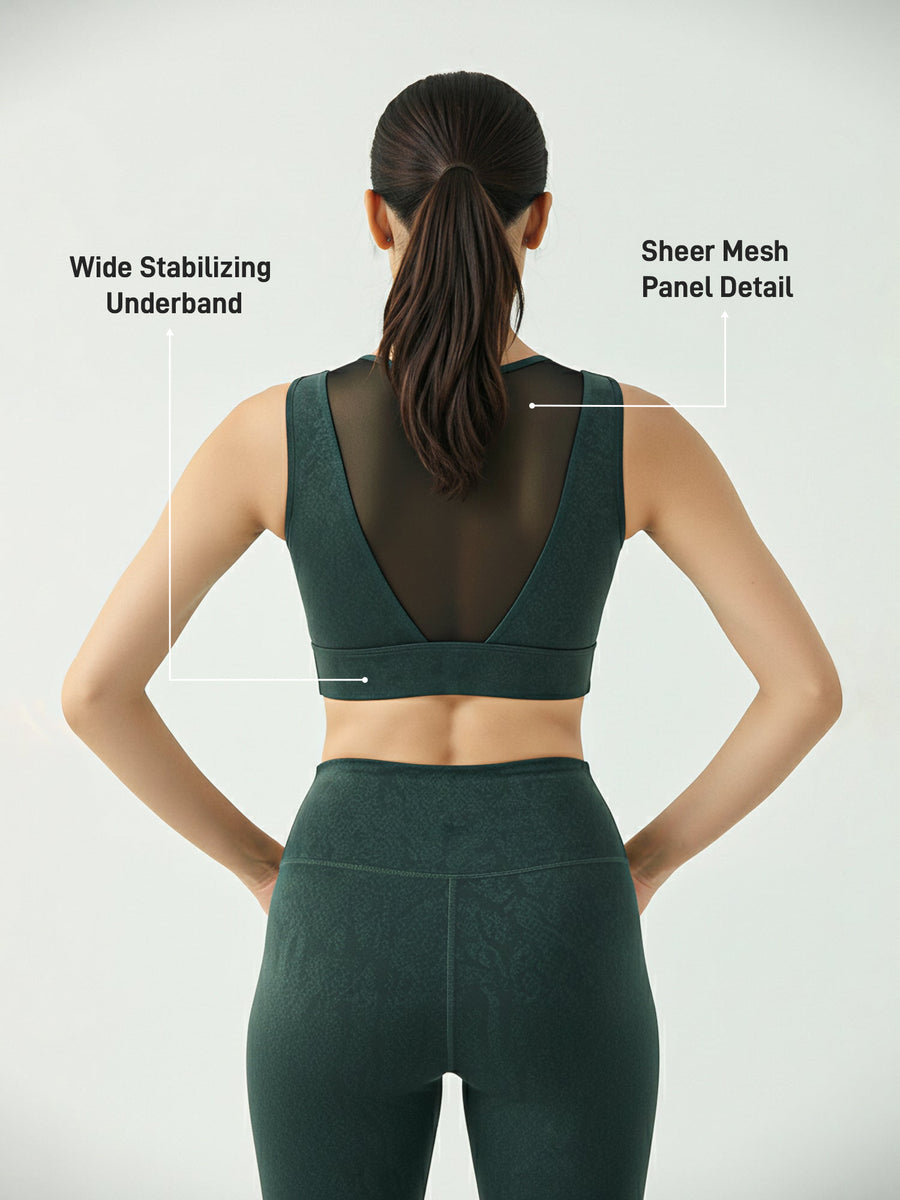 Fitkin Luxe Women’s Green Snake Skin Mesh Panel Sports Bra with Sculpt ...