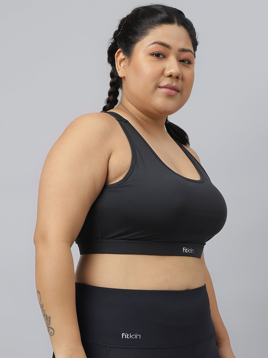 Plus Size Black Medium Support Sports Bra with Stylish Back Strap Desi ...