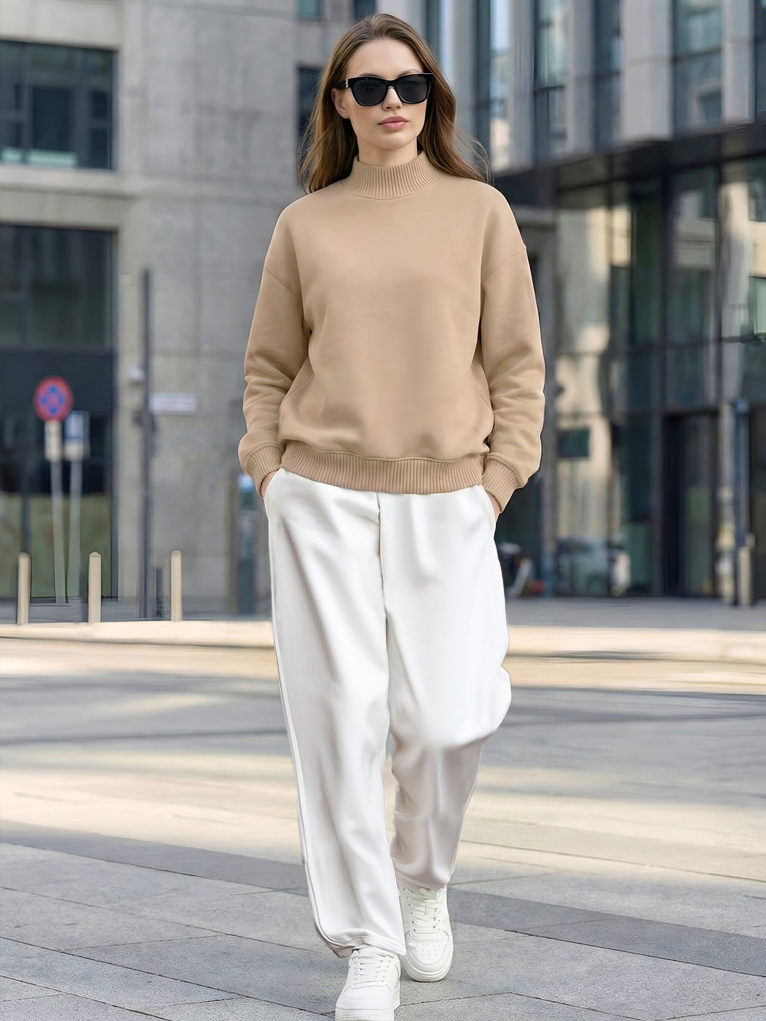 Women's Beige Oversized Sweatshirt with Mock Neck and Full Sleeves