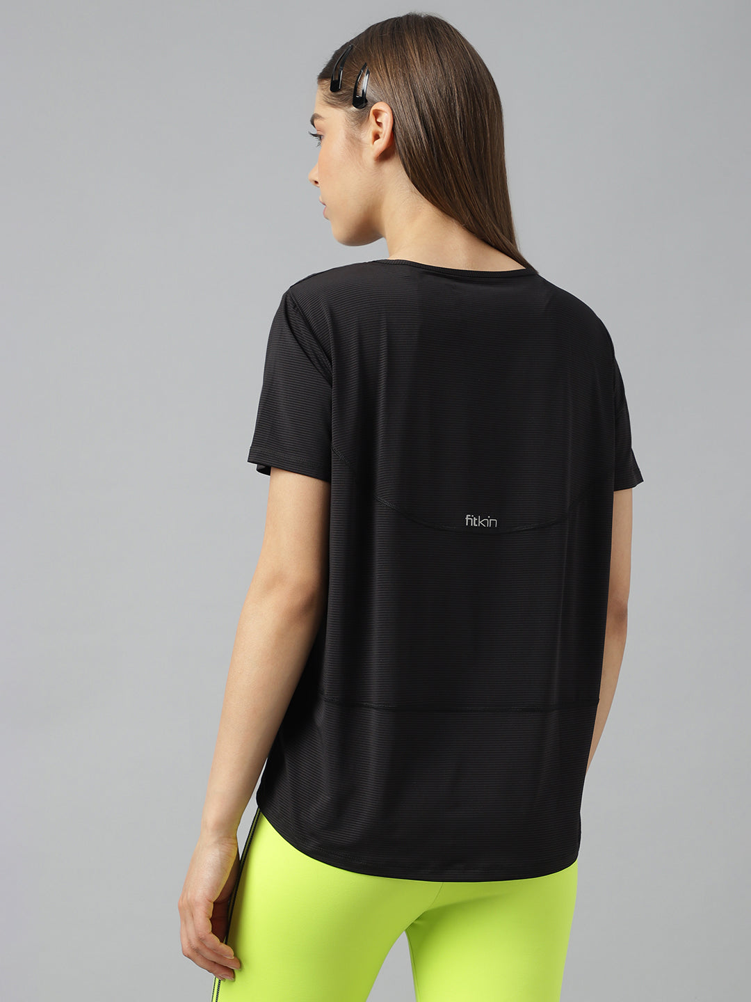 Fitkin women self stripes back mesh design short sleeves t-shirt