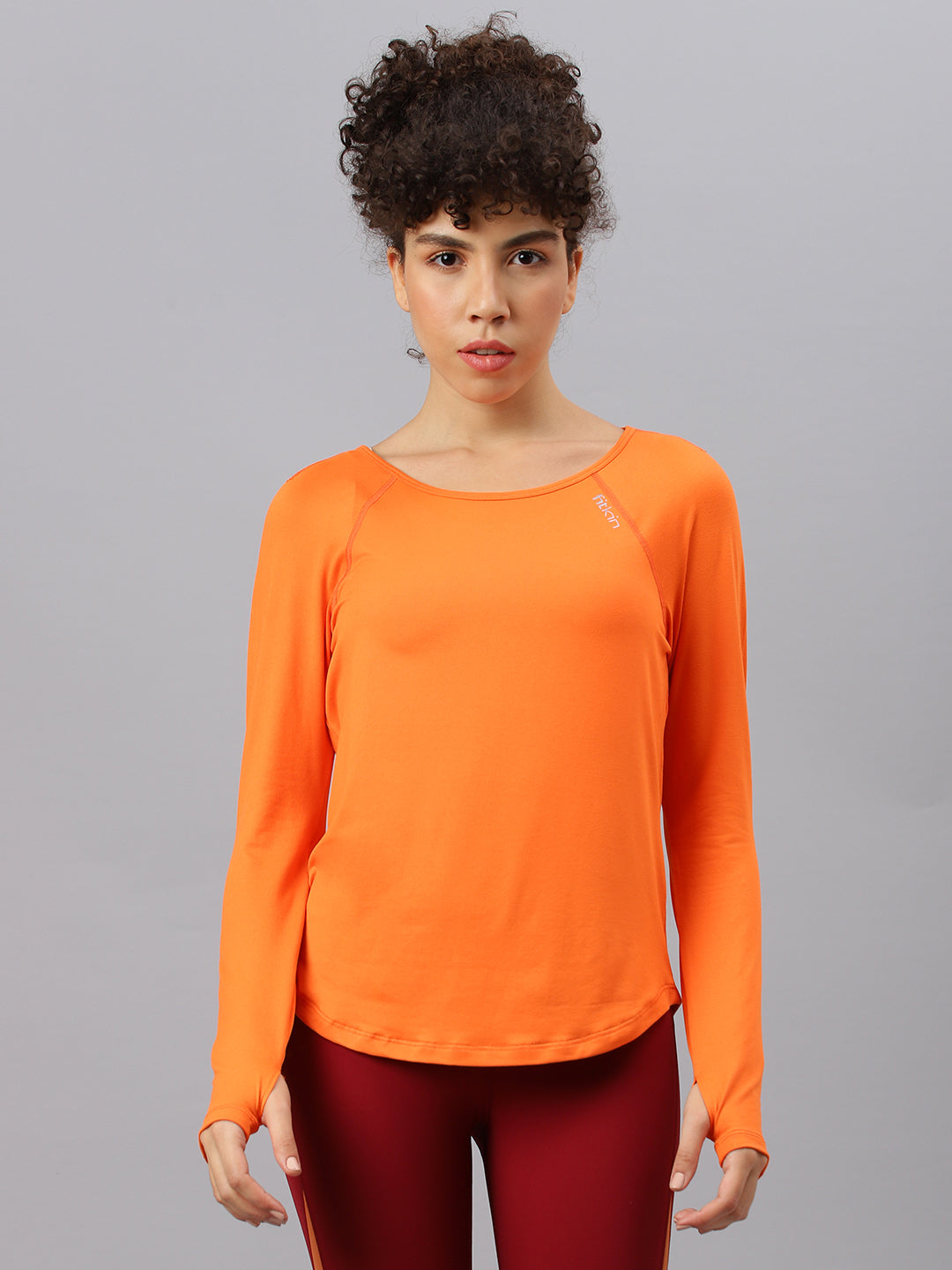 Fitkin women's orange round neck back laser cut design full sleeves t-shirt