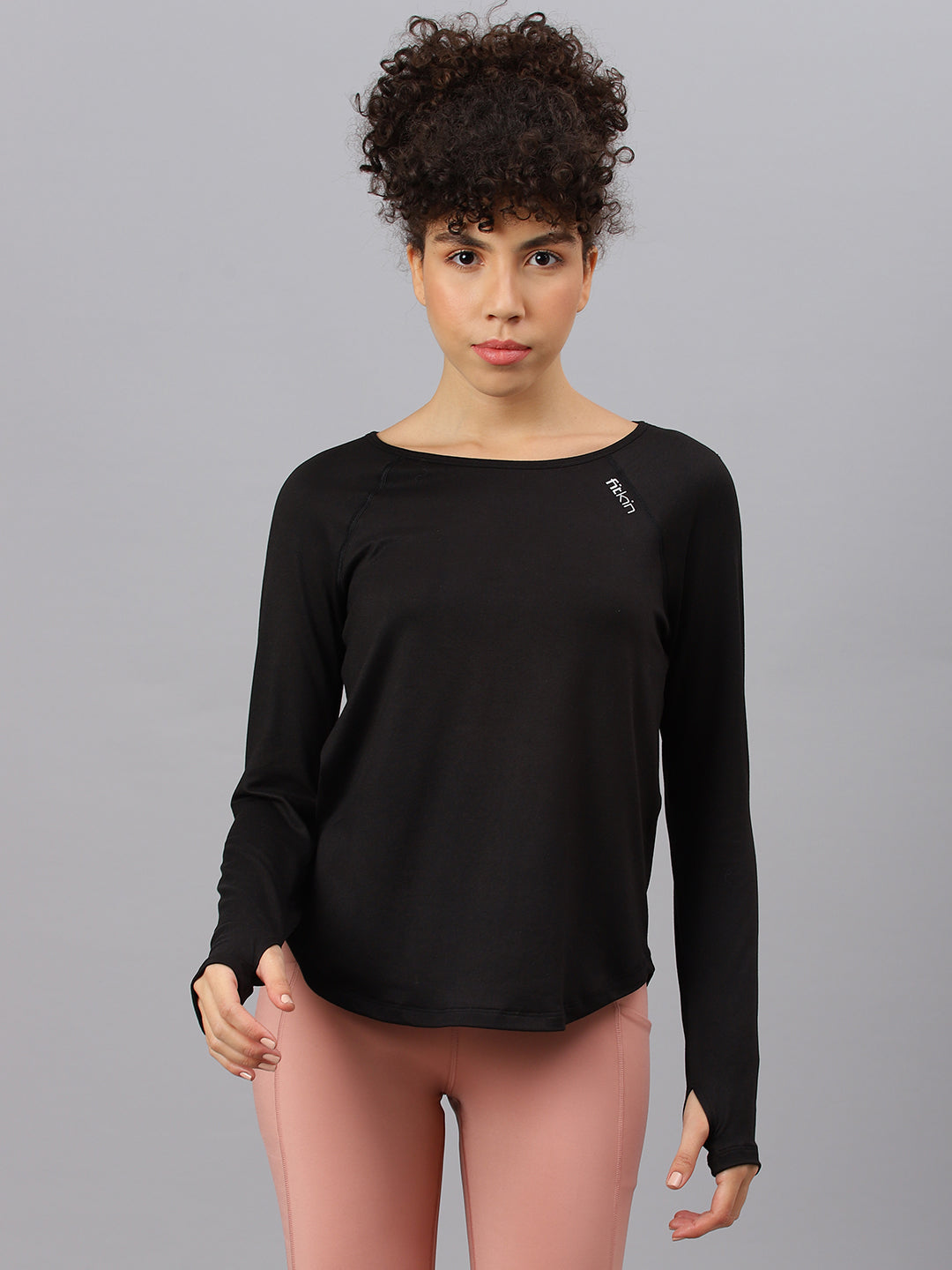 Fitkin women's black round neck back laser cut design full sleeves t-shirt