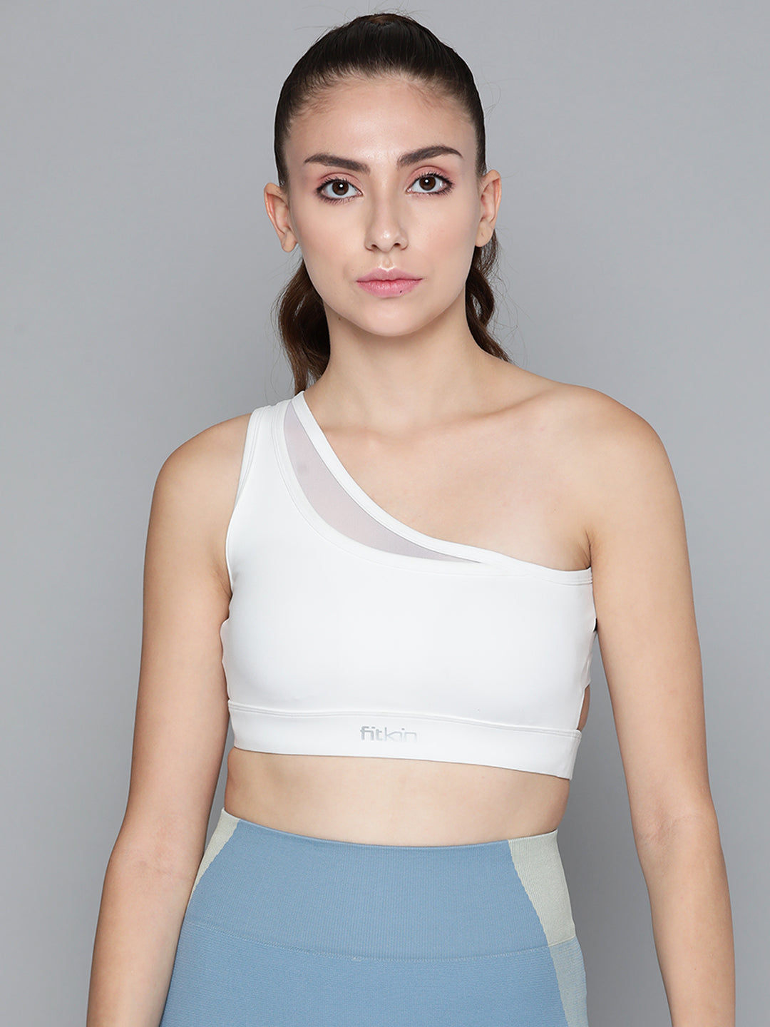 Women's One Shoulder With Mesh Pannel White Bra Lightly Padded