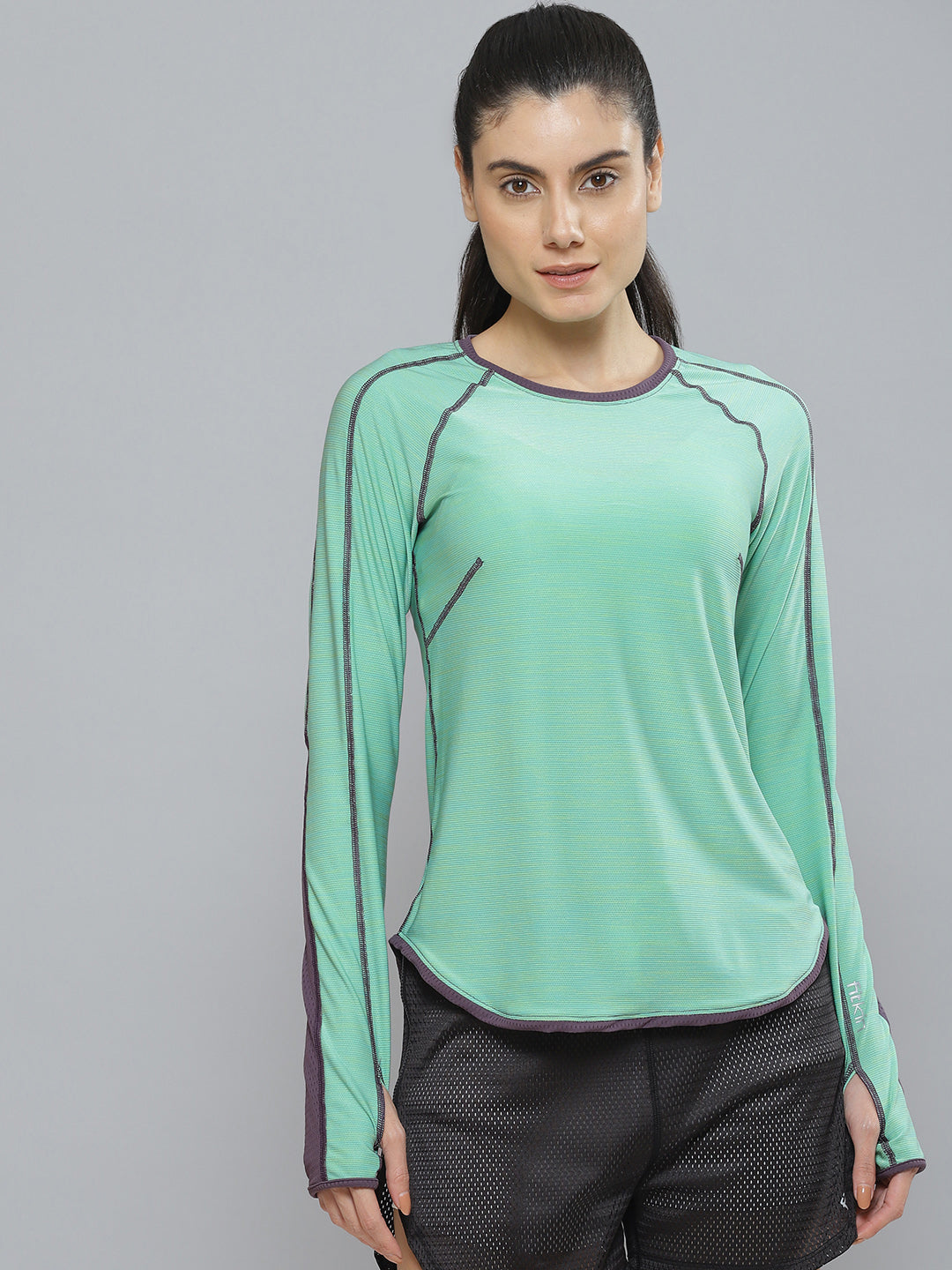 Fitkin women's green round neck back laser cut design full sleeves t-shirt