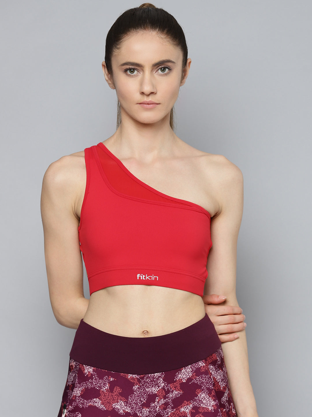 Fitkin Red One Shoulder Sports Bra With Front Net Detail