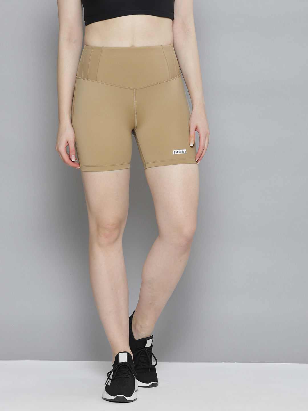 Women's Beige Solid Slim Fit High-Rise Sports Shorts – Fitkin