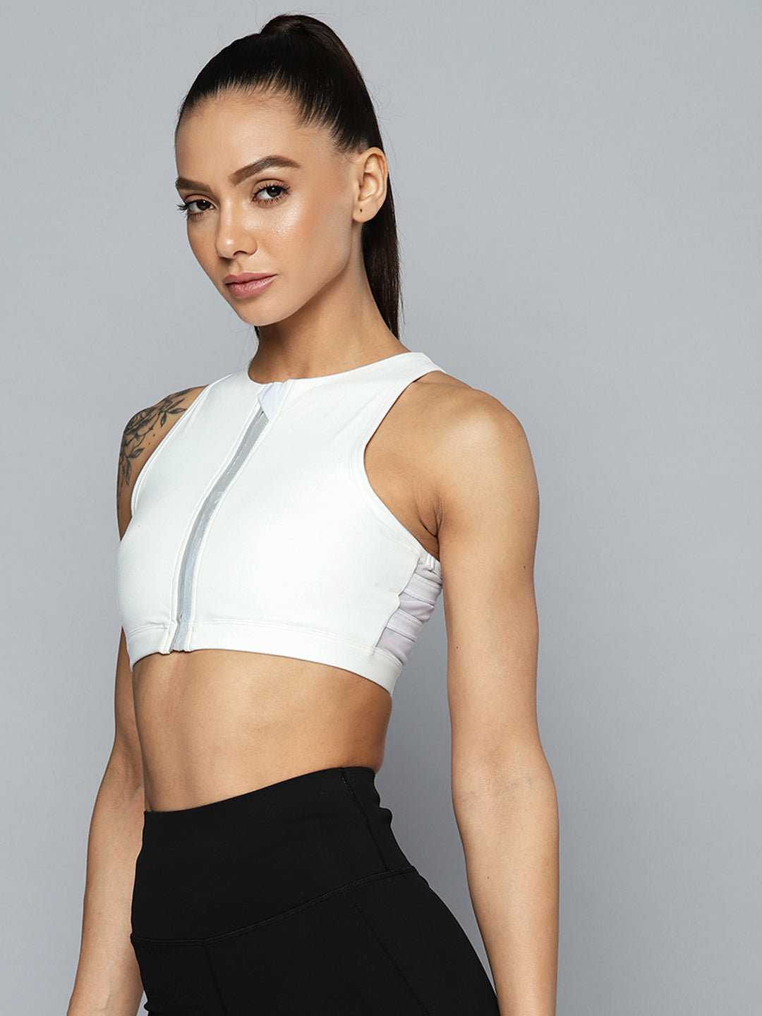 Women White High Impact Sports Bra with Front Zipper – Fitkin