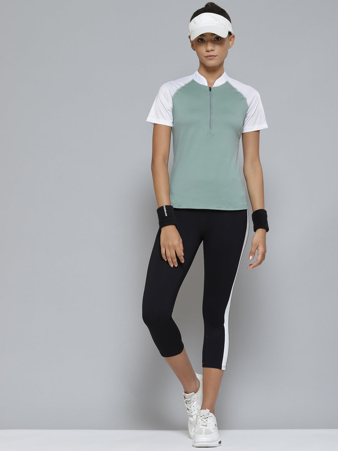 Women Green & White Colorblocked Mandarin Collar Sports T-shirt