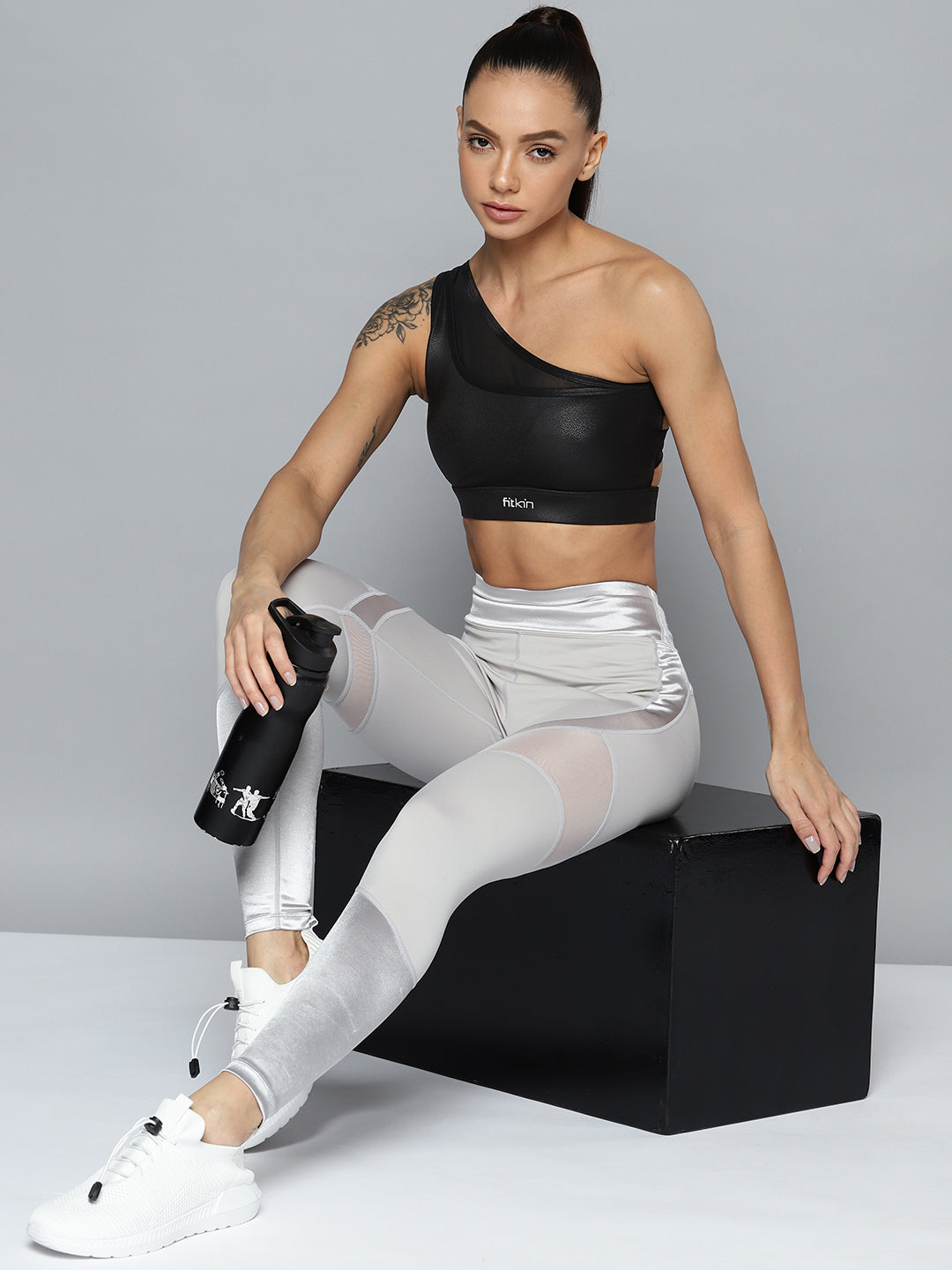 Buy Fitkin Womens Black Textured One Shoulder Sports Bra online