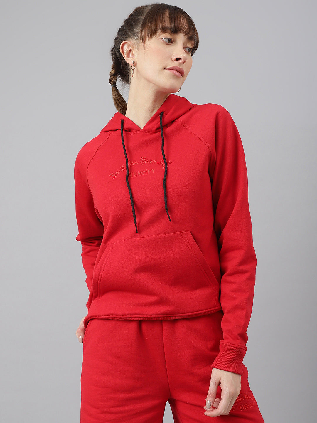 Fitkin Women Red Fleece Regular Fit Hooded Sweatshirt